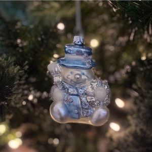 Glittering Light Baby Blue White Tophat Snowman Christmas Ornament